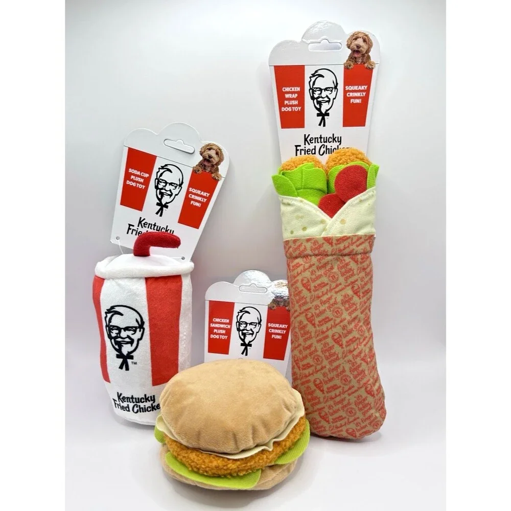 KFC Kentucky Fried Chicken Plush Squeaky Dog Toys Lot Of 3 Wrap, Sandwich & Soda
